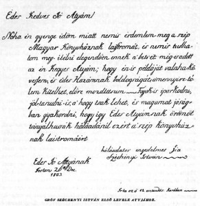 gróf Széchenyi István első levele Atyjához. Írta 1803. december 26-án Pesten, 12 éves korában.