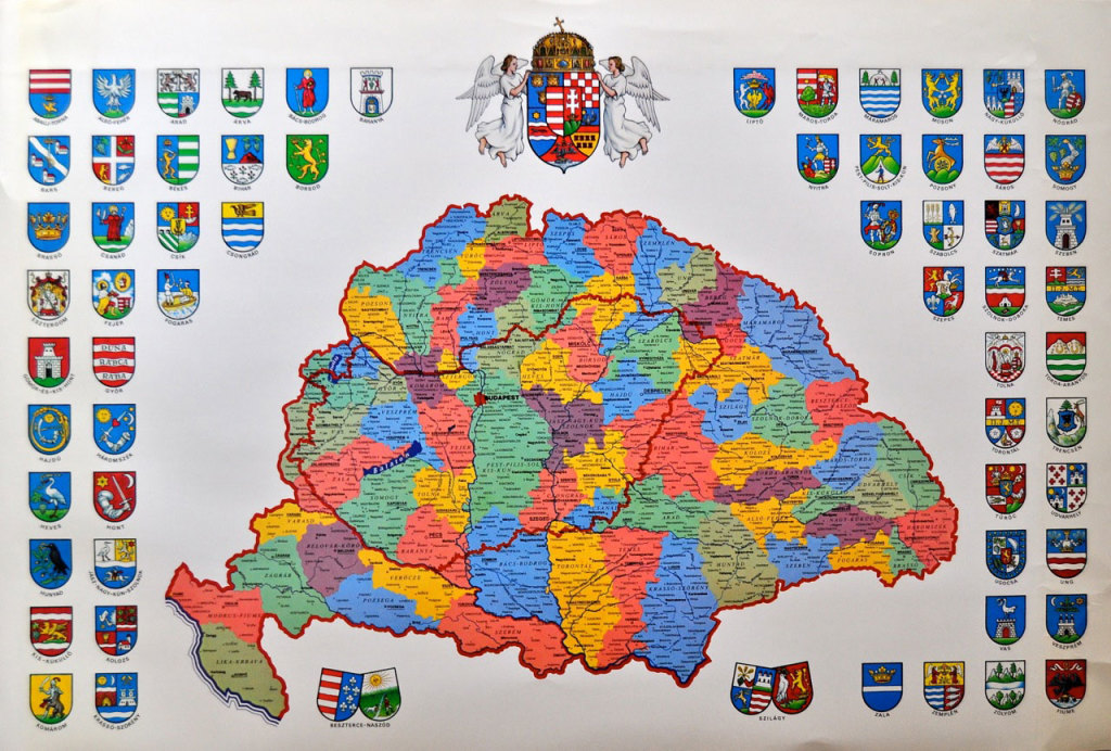 Magyarország politikai térképe a vármegyék címerével. AMM gyűjteményéből