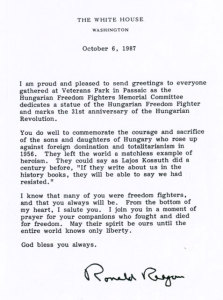 7. sz. kép: Ronald Reagan, az Amerikai Egyesült Államok elnökének köszöntő levele